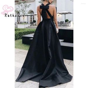 Abiti per feste V Neck Sexy Black Evening for Woman 2024 Criss Cross Back Bowknot Prom Wear Sweep Train Vestidos de Gala