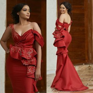 ASO EBI Arabico rosso sexy abiti da sera economici a una spalla abiti da ballo in perline sirena di abiti da reception formale ZJ366 218N