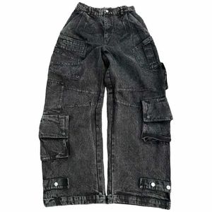 Kvinnors jeans y2k modebagage jeans denimvaror byxor kvinnor vintage multi ficka hög midja ny harajuku gotisk bred stripe street kläder q240523