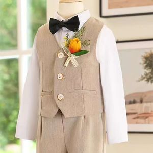 Gentelman Kids Jacket Vest Pants Bowtie Flower Photography Suit Children Ceremony Costume Boy Birthday Wedding Performance Dress