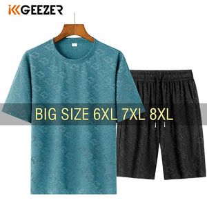 男性TシャツスーツショーツTシャツセット半袖夏特大6xl 7xl 8xlプラスブラックTシャツファッションゆるいクイックドライ240524