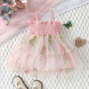 0-18m Princess Baby Girls Summer Dress ärmlös rem Floral broderad nät Tulle Bowknot Tutu sundress