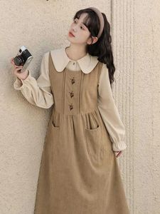 Casual Dresses 2024 Autumn Women's Literature And Art Retro Embroidery Waist Collection Doll Neck Shirt Tank Top Dress Two Piece Set