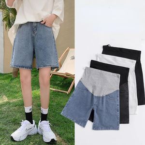 Estilo coreano gestante gestante jeans shorts alta faixa lateral retalhos de retalhos de maternidade calça de algodão jeans curtos ajustáveis 240524