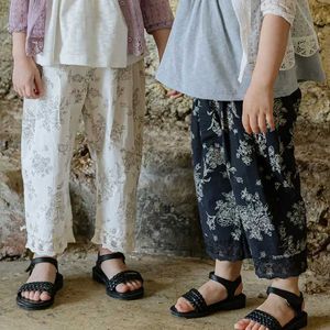 Trousers Kids Pants Summer Korea Girls Children Clothing Flower Cotton Thin Retro Style Lace Trousers 2024 Elastic Waist Fashion T240524