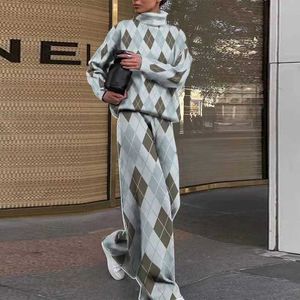 Women's Two Piece Pants Women Turtleneck Long Slve Top and Straight Pants Outfit Fashion Office Loose Suit 2023 Fall Retro Pattern Print Two Piece Set T240523