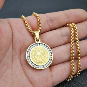 Hip Hop Iced Out San Benito Holy Medal Pendant 14K Gold Chain Jesus Necklace Religious Jewelry Gift