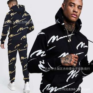 Autumn men's slim fit hooded top+pants two-piece set with hip-hop print fitness running sportswear