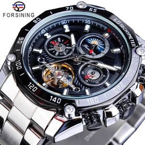 ForSining Brand Black Male Mechanical Watches Automatisk multifunktion Tourbillon Moon Fas Datum Racing Sport Steel Band Relogio 303R