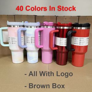 With Logo / Brown Box - New Warm Cool Serene Brushstrokes 40oz Quencher H2.0 Tumbler With Handle Electric Pink Neon Orange Co-branded Red Pink Blue Insulated Travel Mug