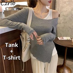 Work Dresses Sets Women T-shirts And Tanks Two Pieces Slim Spring Autumn Tops College Temperament Schoolgirls Prevalent Ins Chic O-neck Sexy