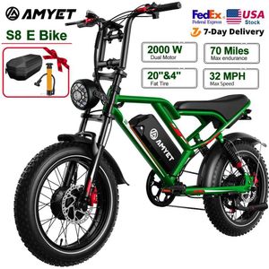 Велосипеды Amyet S8 Electric Electric Bicycle Mens 2000 Вт Двойной моторный велосипед 48V 25AH Батарея 20 Электроэлектрический мотоцикл мотоцикл Ebikes Q240523