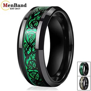Menband Fashion 8mm Herrens kvinnors bröllopband Black Tungsten Ring med Green Opal Black Dragon Inlay Comfort Fit Size 5-15 240522