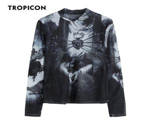 TROPICON Goth Mesh Top Women Trend Fashion Graphic T Shirts Long Sleeve Turtleneck See Through Tshirts European Clothing 2205276093999