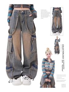 Women's Jeans Womens Blue Extra Large Cargo Jeans Harajuku Retro Bag Y2k Denim Trouser 90s Fashion Wide Jeans 2000s Junk Clothing 2024 Q240523