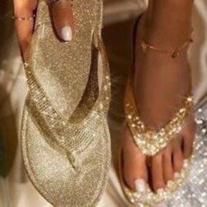 Comemore Casual Summer Flat Female Crystal Glitter Gold Plus Size 43 Women Flip Flop Slippers Bling Rhinestone Ladies Shoes 240516