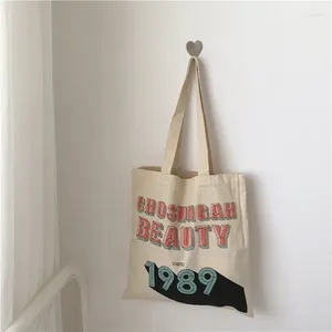 Bolsas de compras Retro Mulheres Velável Bolsa de Comprador de ombro grande Número de letra de letra de algodão impressão Handla Ladies Bolsa Eco bege