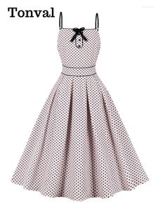 Lässige Kleider Tonval Bow Front hohe Taille Plissee Kleid Sommerferien 2024 Frauen Spaghetti -Gurt Pass und Flare Vintage Polka Dot