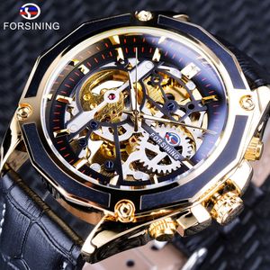 ForSining Transparent Case Gear Movement Steampunk Men Automatic Skeleton Watch Top Brand Open Work Design Self Winding 250t