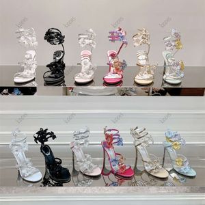 Rene Caovilla High Heel Sandals Butterfly Flower Decorative 9.5CM Women Dress Shoes Snake Wrapped Feet Rings Summer Open Toe Pearl Designer Shoe 34-43