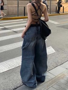 Jeans femminile femminile jeans oversize tasca tascabile pantaloni bassi pantaloni larghi gambe carine core buddy in stile nuovo tendenza estetica alla moda giapponese ins q240523