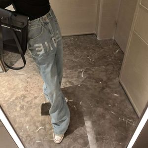 Vestidos casuais básicos C24 Indústria pesada letra letra de lavagem de água diamante velho jeans reta de perna