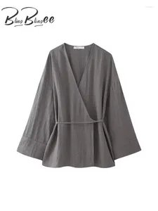 Women's Blouses BlingBlingee 2024 Spring Pajamas Style Women Kimono Blouse V Neck Long Sleeve Wrap Tied Loose Shirt Female Oversize Top