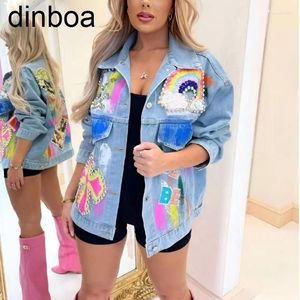 Kvinnors jackor Dinboa-2024 Överdimensionerade kvinnor High Street Fashion Design Rainbow Color Sequin Graffiti Jean Jacket denim outfit Shac Xnvl