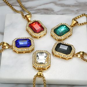 Mens Hip Hop Iced Out Rhinestone Necklace 14K Gold Small Square Pendant Necklace Male Jewelry Gift