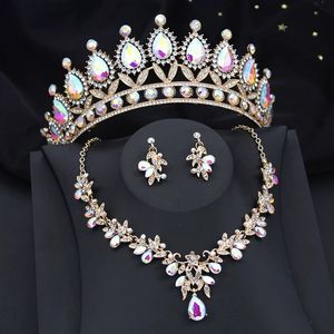 Barock AB Crystal Purple Crown Schmucksets für Mädchen Diadrieren Halskette Ohrringe Party Prom Hochzeitset Brautzubehör 240514