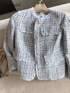 Jackets femininos da moda Tweed Twoven Tweed Casaco curto para mulheres 2024 Roupas de primavera Manga longa Coloque redondo de gola fita OL Ladies Top Top