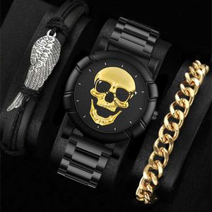 2024New stylish large dial cool skull head trendy mens watch business dark style set quartz watch