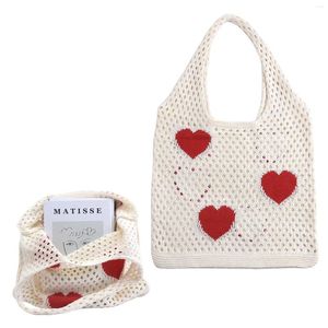 Duffel Bags Soft Polyester Summer Beach Shopping Shoulder Crochet Tote Bag For Women Girls Hollow Out Aesthetic Heart Pattern Knit Gift