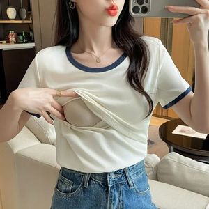 100% Cotton Maternity Mother Nursing Tees Breastfeeding T Shirt for Pregnant Women Summer Pregnancy Home Hospital Solid Top Wear 240524