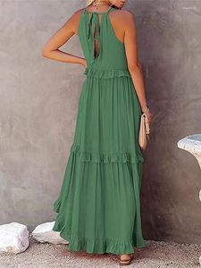 Lässige Kleider Sommer Lose Kleid Frauen elegante Rüschenhalter ärmellose weibliche Party-Outfits Strand Maxi Green Tie-up Robe Vjhkn