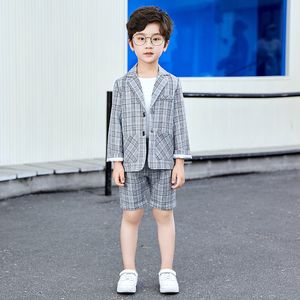 男の子のドレススーツ夏の子供たちを格子縞の小さなスーツ（スーツ +ショーツ + Tシャツ）