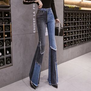 Vintage kontrast patchwork blossade jeans damer sträcker hög midja mager boot-cut byxor mujer mode denim byxor för kvinnor 240524