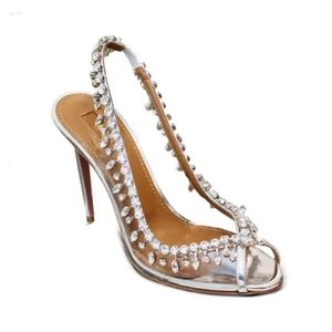 Sapatos de verão sandálias de designer de cristal, mulher de casamento de saltos altos de salto alto transparente pvc slingback embels 302