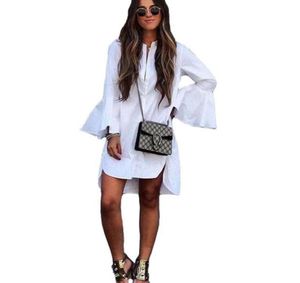 2019 New Women White Flare Sleeve Shirt Dress Summer Fashion O Neck Straight Elegant Woman Bloues Casual Clothing Tops8870759