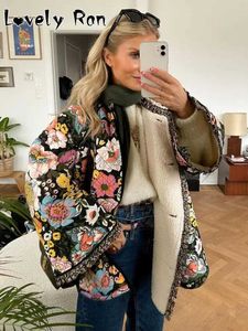 Women's Jackets Fashion Floral Print Cotton Jackets Woman 2023 Autumn Winter Long Slve Thick Warm Coats Female Stand Collar Strt Outerwear T240523