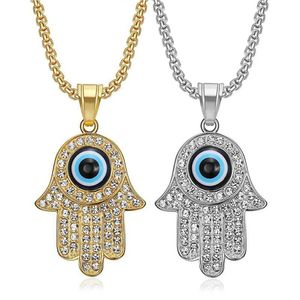Hip Hop Iced Out Evil Eye Pendant 14K Gold Hasma Hand of Fatima Necklace For Women Men Jewelry High Quality