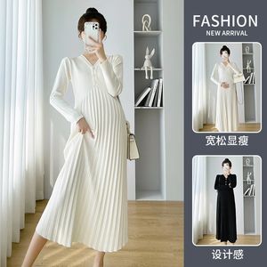732# Autumn Winter Warm Knitted Maternity Long Dress Elegant A Line Slim Loose Clothes for Pregnant Women Pregnancy Sweaters 240524