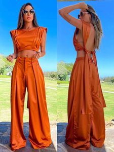 Women's Two Piece Pants Solid Women Two Piece Set With Pants Round Neck Tie Up Slveless Pleated Top Wide Leg Loose Pants Suit Summer Office Lady Set T240523