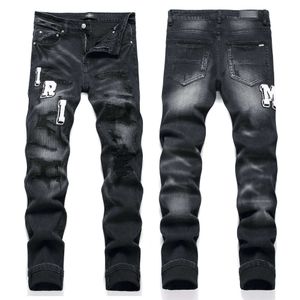 Am High Street Youth Black Feet Trousper com Bordado Hole Patch Emblem Elastic Men Jeans Trendy 3529