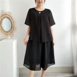 Women's Two Piece Pants Summer Ladies Suits Solid Color Round Neck Fashion Short Sleeve T-shirt Women High Street Elastic Waist Wide Leg