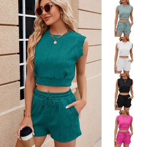 Sommer Frühling Neues Festkörper runder Hals ärmellose Tank -Top Shorts Casual Set für Frauen