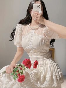 Yaz Elbisesi Kore Retro Kısa Kollu Dantel Yama İş Deposu Top Moda Ultra İnce Büyük Kenti O boyun uzun Parti Elbisesi S-XXL 240515