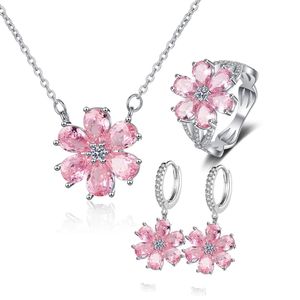925 Sterling Silver Wedding Ring Women Pink Flower Bracelets Necklace Netlace Rings Massion Methods Sets 240524