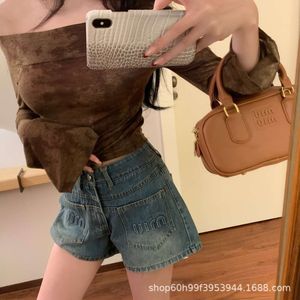 Women's Two Piece Pants Mm24 Summer Niche Design Front Pocket Three-dimensional Letter Embossed Denim Shorts