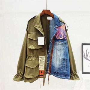 Women's Jackets 2023 Autumn New Fashion Wild Loose Stitching Blue Khaki Patchwork Denim Jacket Women T240523